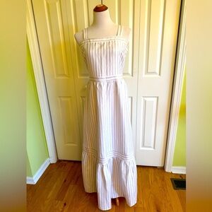 LOFT White/Beige Stripped Linen Blend Long Dress 6 NWOT